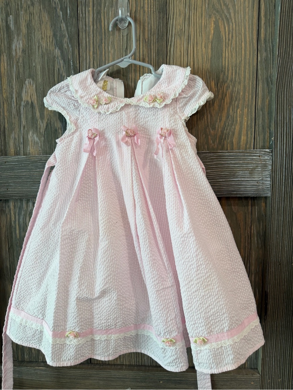 Biscotti Pale Pink Smocked Seersucker Dress with Ribbon Bows